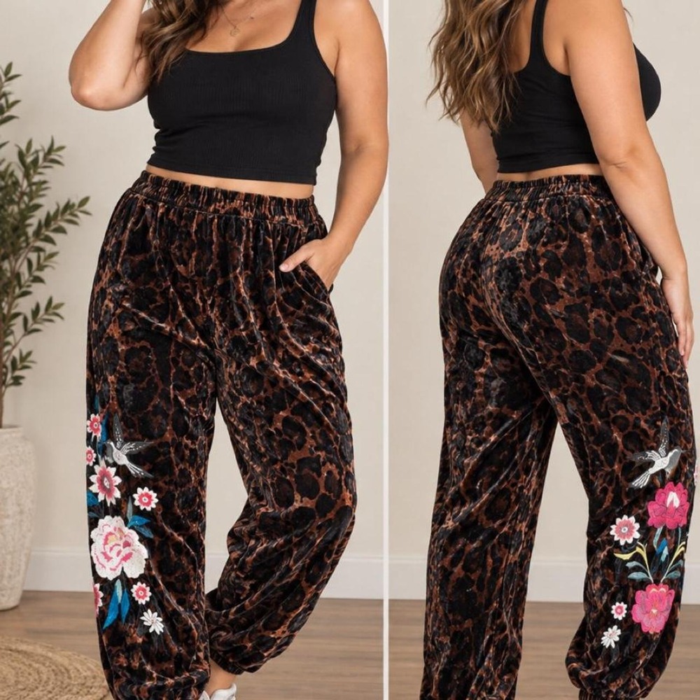 Johnny Was Leopard Velvet Embroidered Floral Hummingbird Jogger Pants Maximalist
